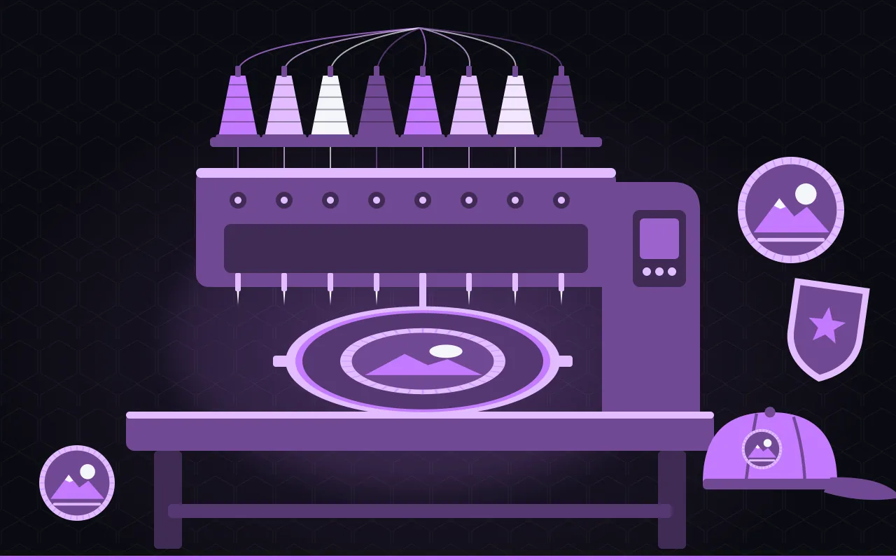 Flat-vector illustration of a multi-needle embroidery machine stitching a round patch in a hoop, thread cones above, finished patches and a cap beside it
